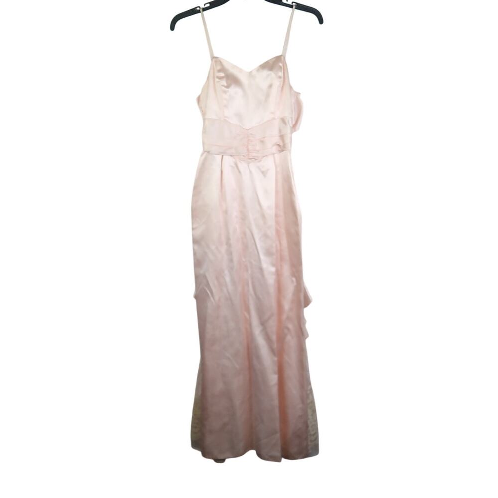Vintage 80s Steppin' Out Light Pink Satin Ruffle Prom Dress Lace Skirt
